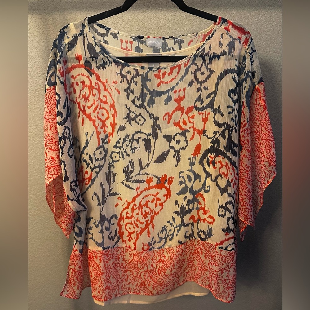 Chico’s red cream and blue sheer blouse & detachable camisole  size L/XL
